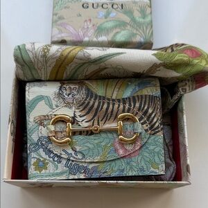 Gucci Tiger and Floral Print Wallet with Gold Accents